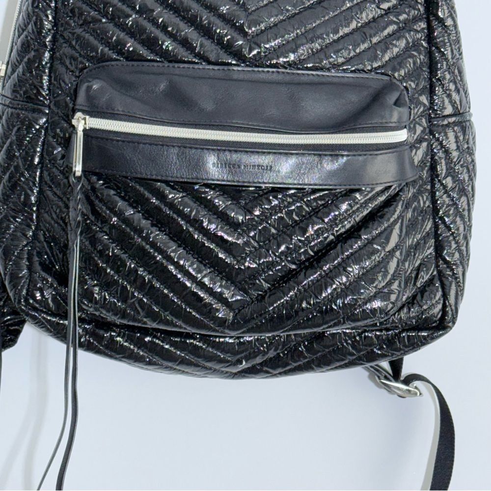Rebecca Minkoff Pippa Large Backpack Black Patent Nylon Chevron Quilted Laptop - Picture 9 of 16